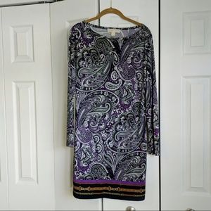 Michael Kors Purple and Black Paisley Long Sleeve Dress